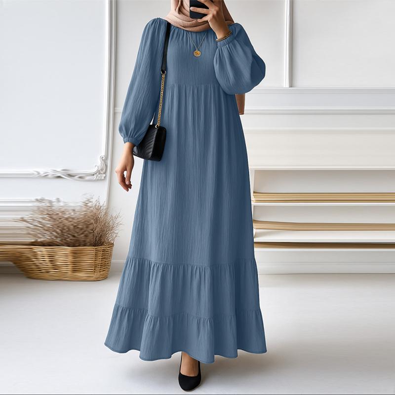 ZANZEA Women Casual Round Neck Solid Color Loose Long Sleeve Long Dress