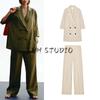 New Double Breasted Long Sleeves Lapel Suit Outwear 8372406 High Waist Wide Leg Casual Pants 8372306