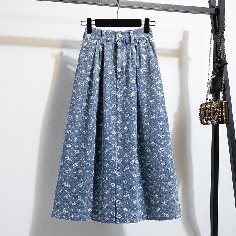 Retro Denim Skirt for Women High-Waisted A-Line Washed Midi Denim Skirt With Pockets Long Jean Skirts Women's Pleated Flowy Swing A-line Denim Skirts