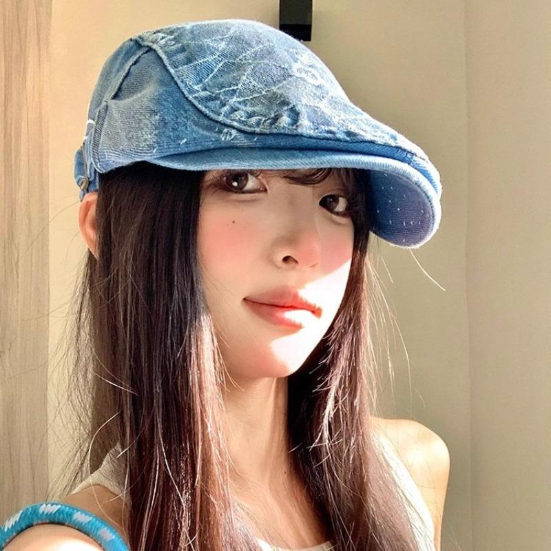 Washed cowboy forward hat, women's versatile big head circumference, wearing a duck tongue beret to show the face, small hat spring and autumn