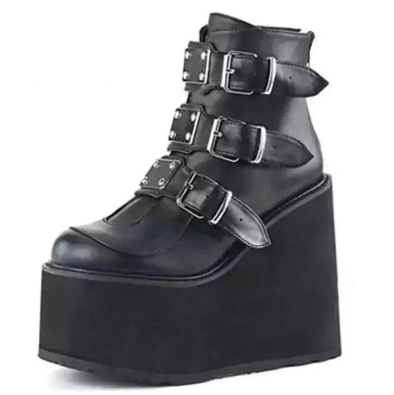 Fashion Gothic Ankle Boots for Women Motorcycle Boots Platform Wedge Super Women Boots Pumps Autumn Ladies Belt Round Lolita Punk Shoes