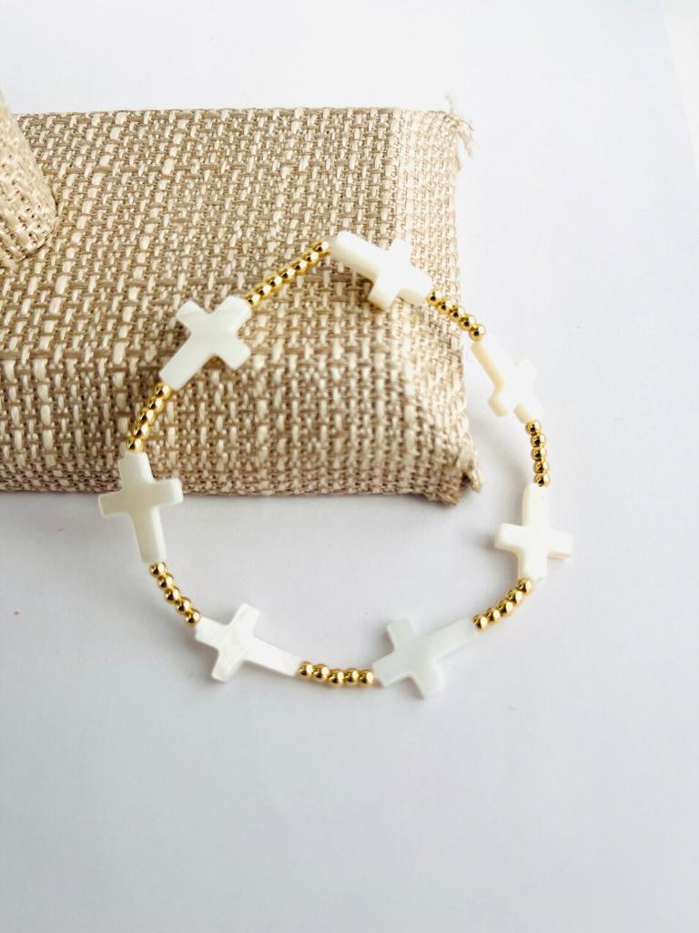 Vlen Natural Shell Cross Bracelet for Women Stretchy Christian Jewelry 18K Gold Plated Beads Bracelets Dainty Pulseras Femme