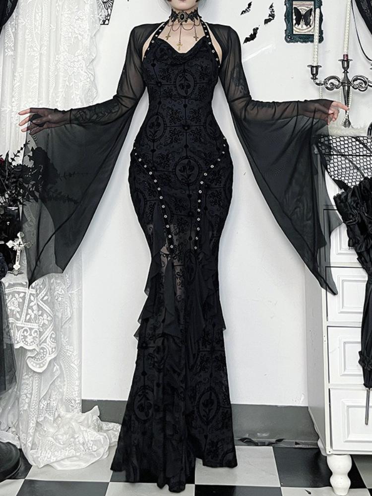 Halloween Gothic Mesh Smock Women Vintage Streetwear Witch See Through Bat Sleeve Crop Blouse Sexy Cosplay Clothes Femme