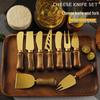 Stainless Steel Gold Cheese Knife with Acacia Wood Handle, Fork, and Spatula Utensils Set