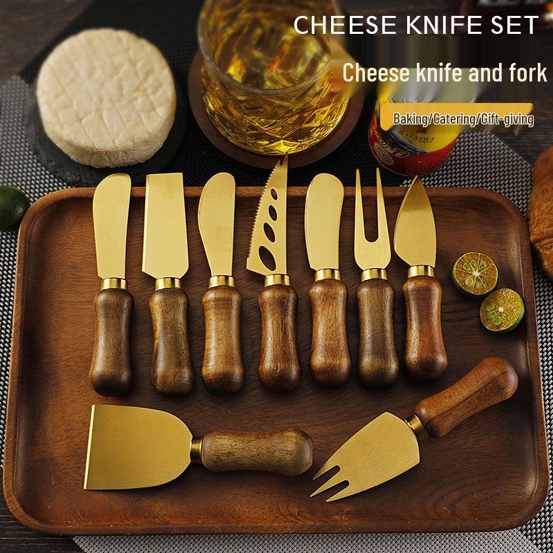 Stainless Steel Gold Cheese Knife with Acacia Wood Handle, Fork, and Spatula Utensils Set