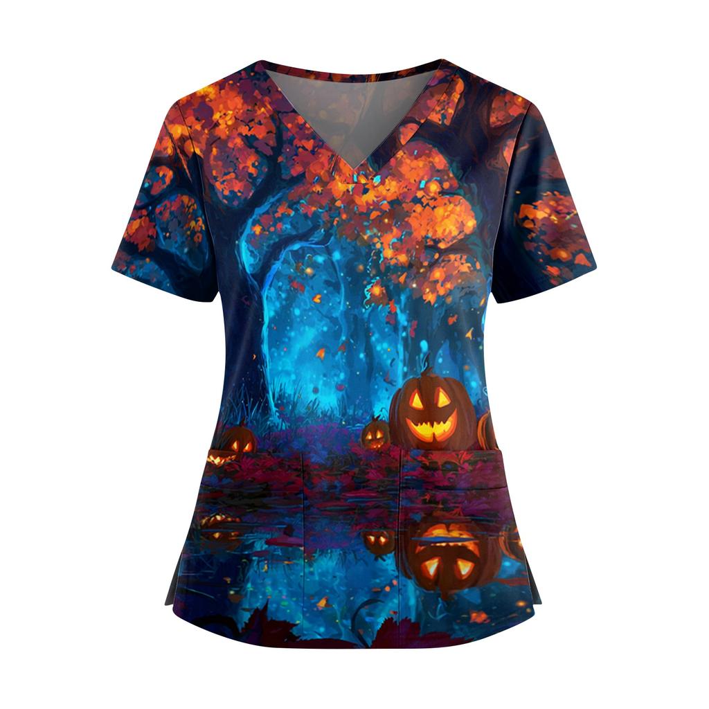 Women’s V Neck Short Sleeve Work Top with Side Slits Pockets and Halloween Print Suitable for Office and Casual Wear