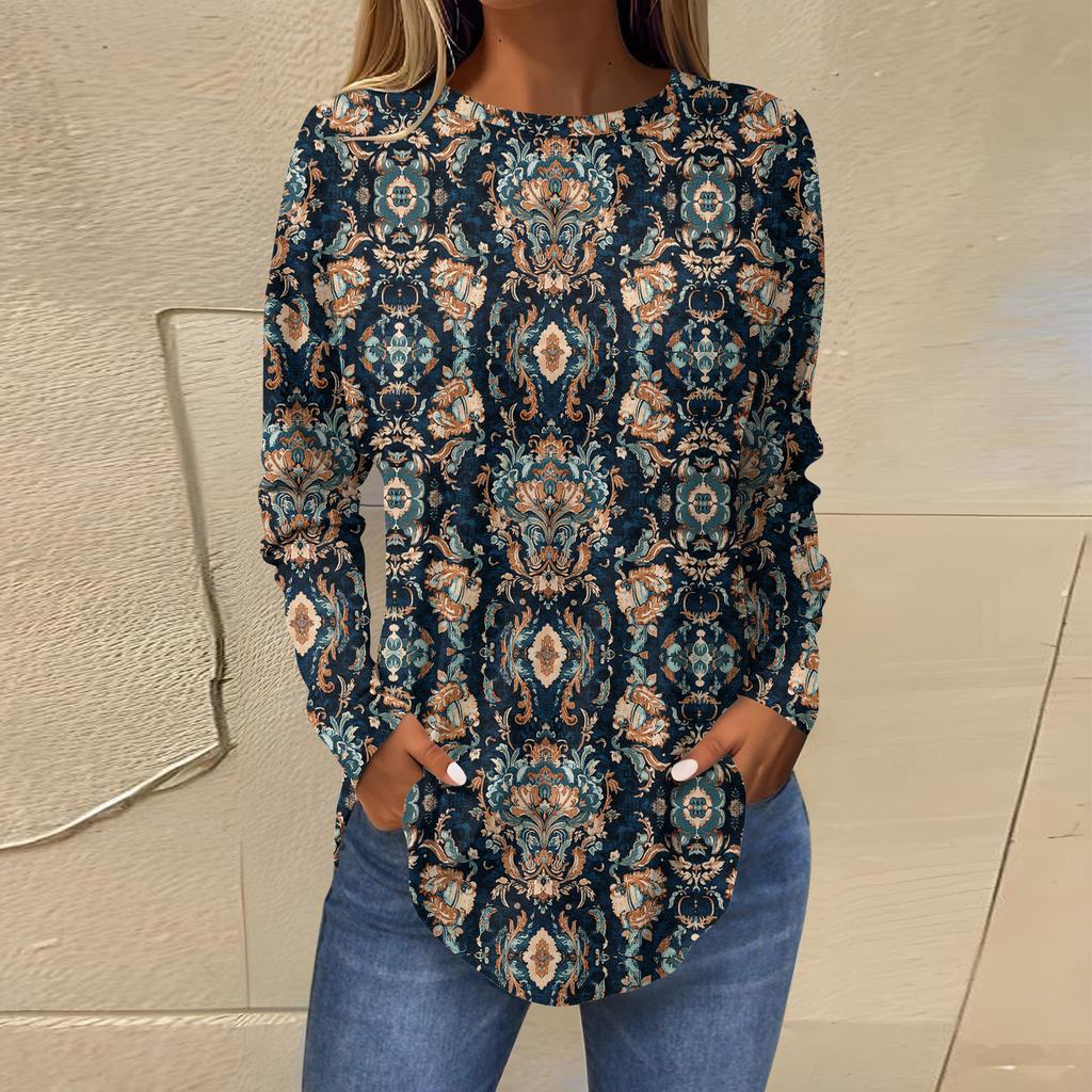 Damen T-Shirts Niedlich Vintage Musterdruck T-Shirt Langarm Tunika Oberteile Baumwolle Pullover