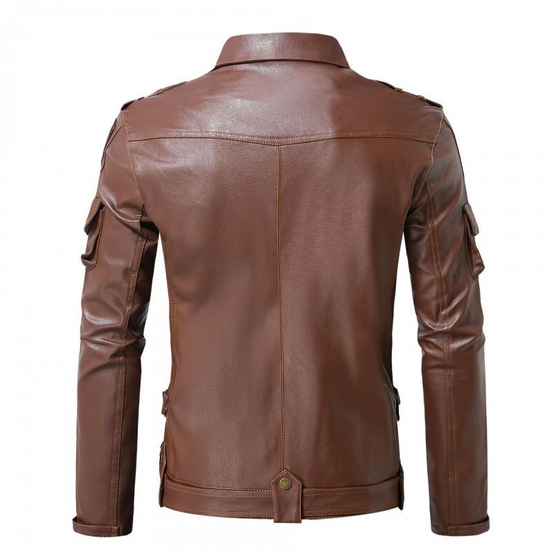 Mens PU Leather Biker Jacket With Multiple Pockets Casual Motorcycle Riding Coat Winter
