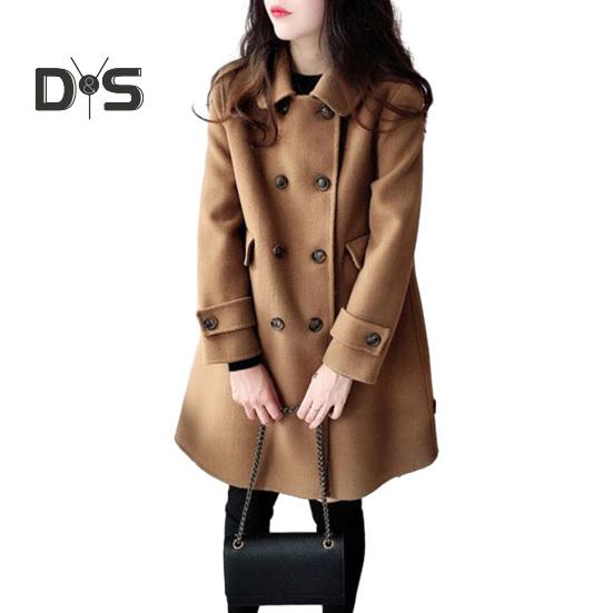 

Женский плащ осень-зима двубортный толстый теплый винтажный шерстяной средней длины с карманами на лацканах и пуговицами свободный кардиган с длинным рукавом женская куртка S хаки
