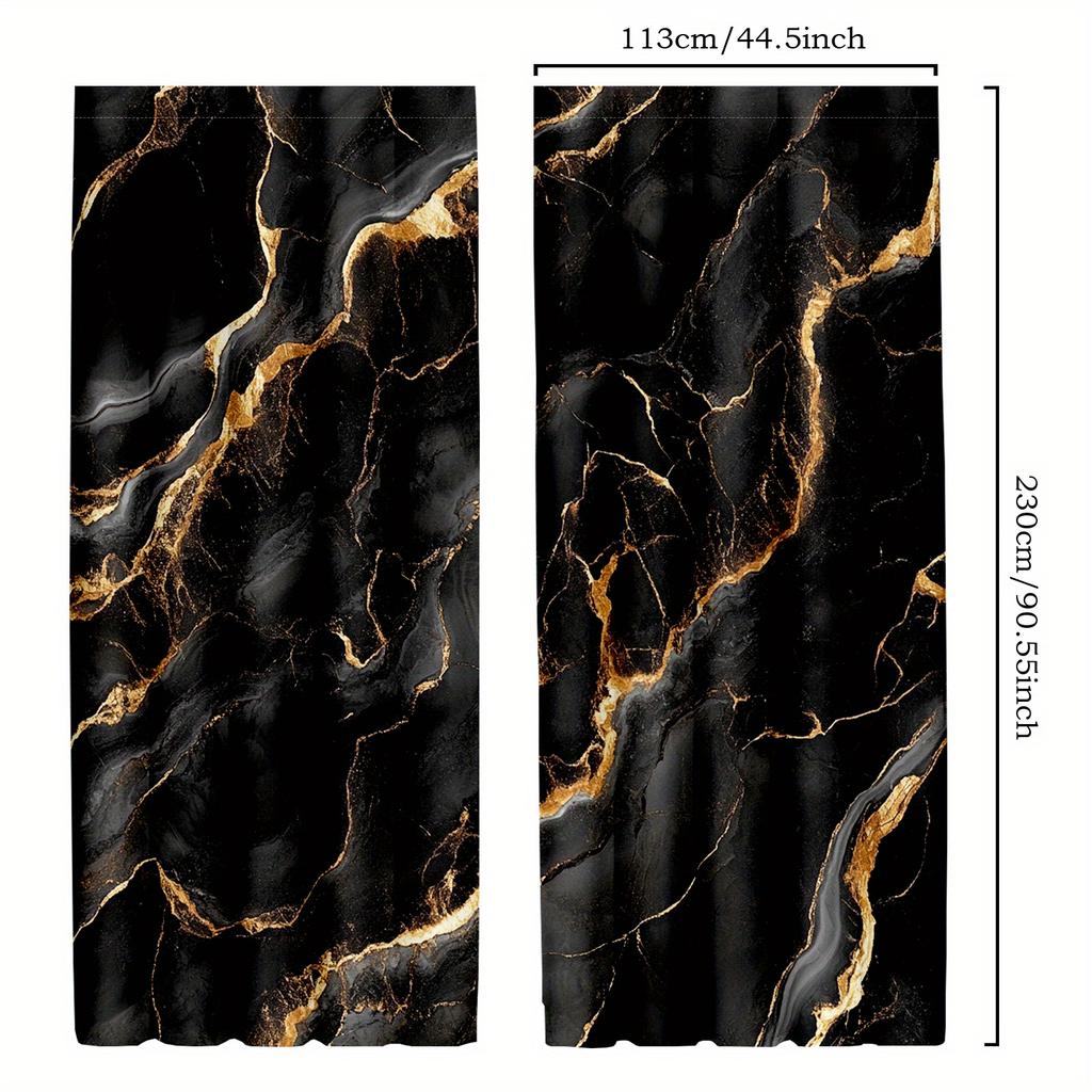 2pcs Black & Gold Marble Curtains – Flowing Gold Pattern for Elegant Home Decor