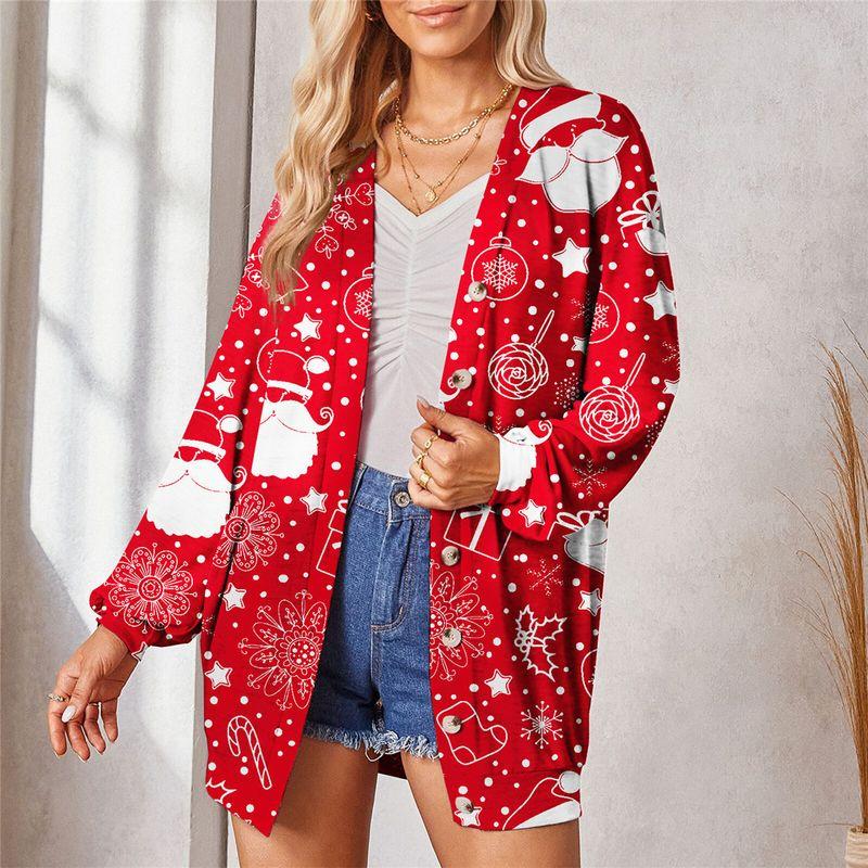 

and America Cross Border Export Female New Spring and Autumn Outwear Christmas Theme Print Casual Small Cardigan Trench Coat Plus Size Loose-Clothes Red 3XL