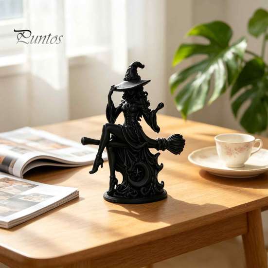 Matte Black Witch Statue Gothic On Broom Statue, 3D Printed Spooky Tabletop Figurine for Small Shelf Home Party, Halloween Desk Decor with Pointy Hat,