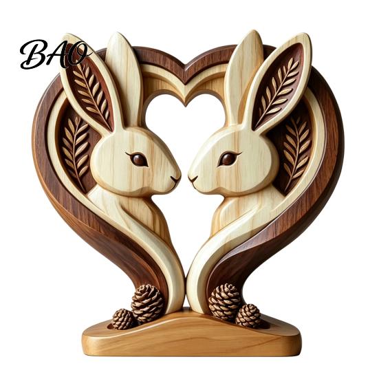 Hand Polished Wood Decor Wooden Animal Ornament with Stable Base, Double Layer Carved Figurine, Rustic Crafts for Office Heart Shape Sculpture