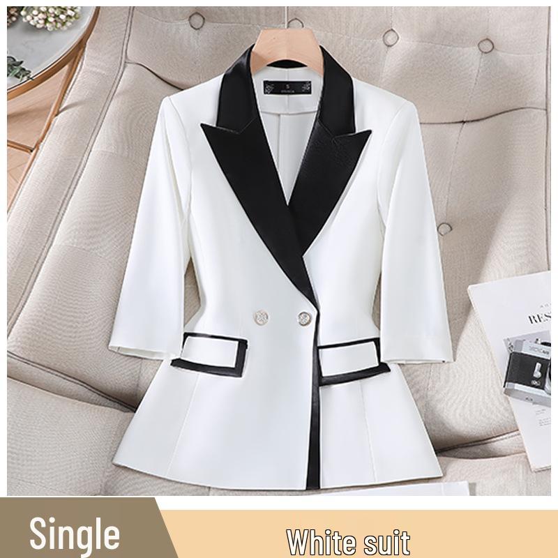 Women's Elegant White Suit Set: Color Block Jacket & Flare Pants
