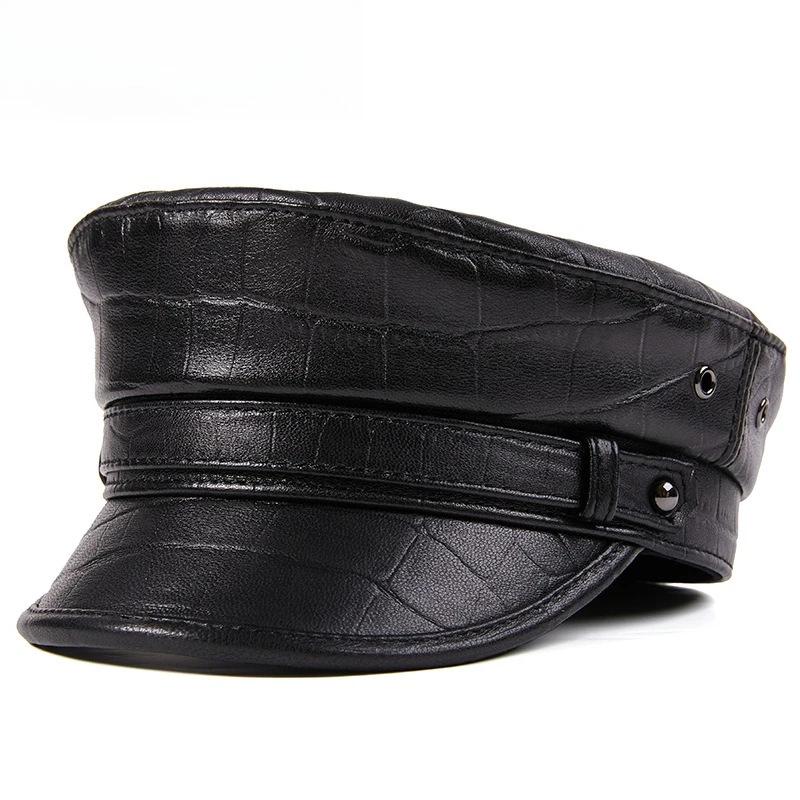 100% Sheepskin Military Hat - XXL Genuine Leather Flat Top Cap for Men/Women, Vintage Rock Style Unisex Headwearoll Captain Hat