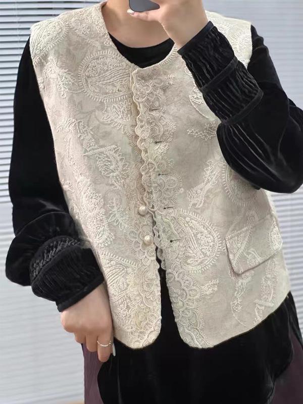 

Весна 2025 Высококачественный кружевной жилет без рукавов в китайском стиле Medium