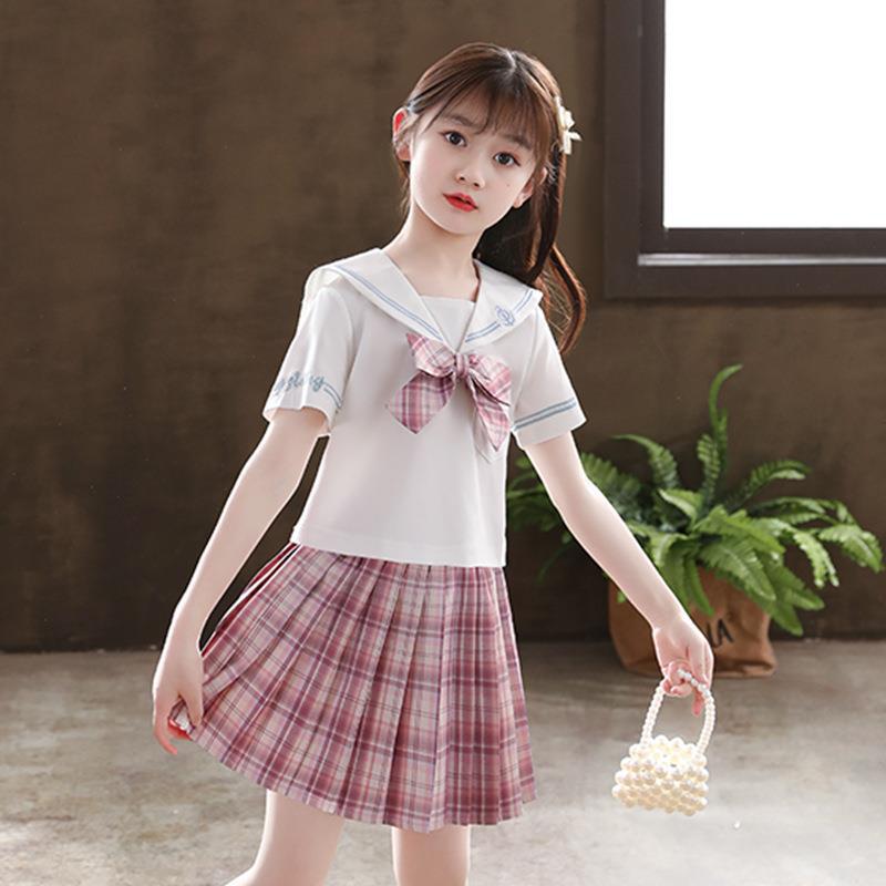 

2025 Girls Summer Academy Short Sleeve JK Uniform Set with Pleated Skirt – Casual Style for Small and Medium Children 130 cm