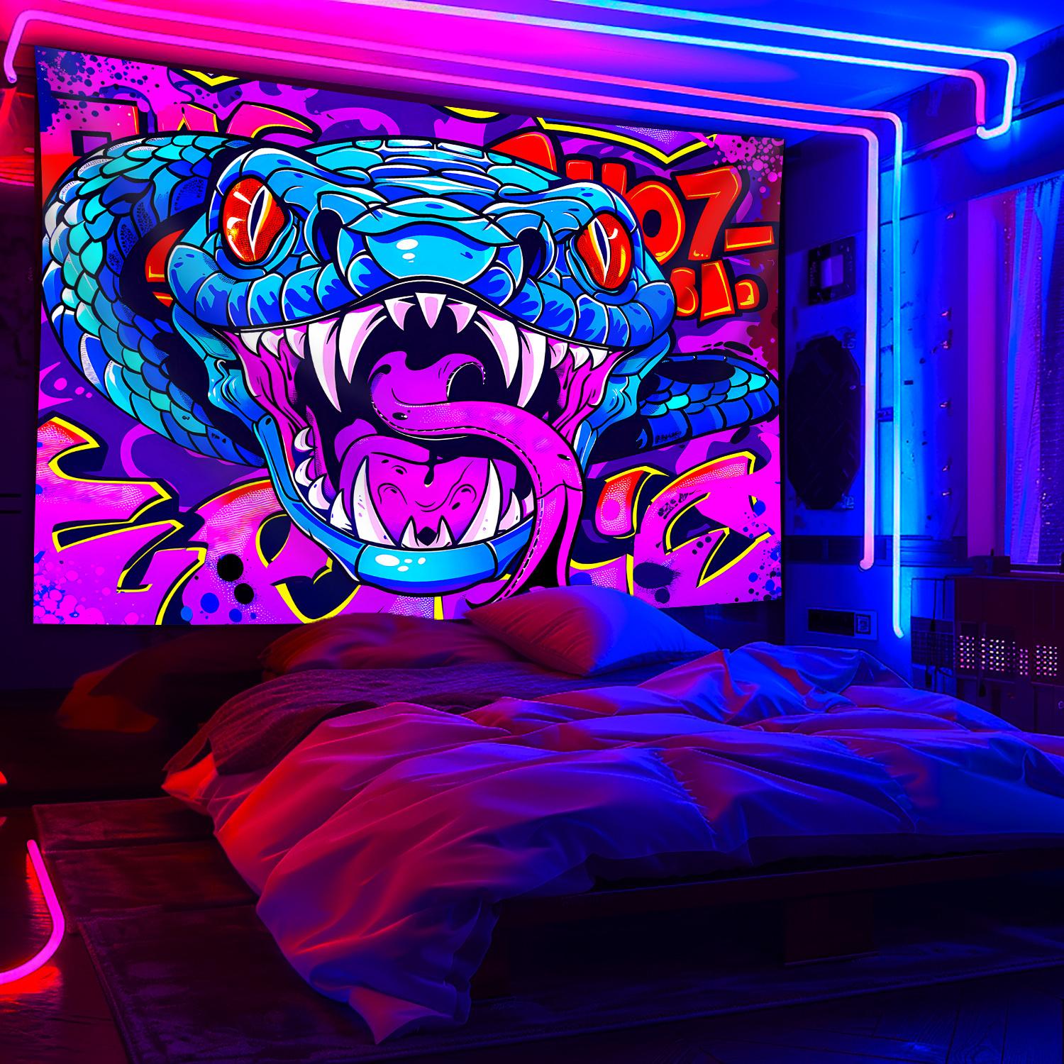 Street-Cool Graffiti Tapestry Blue Snake Waterproof Gaming Room Music Studio Trendy Play Room Decor 100X70CM