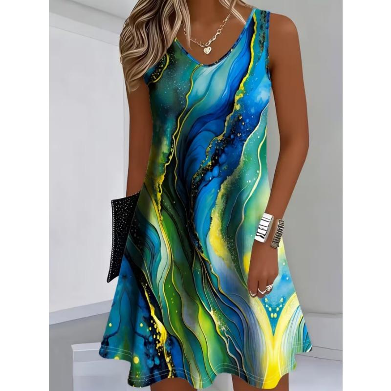 Women's fashionable printed casual sleeveless dress, machine washable, comfortable and versatile