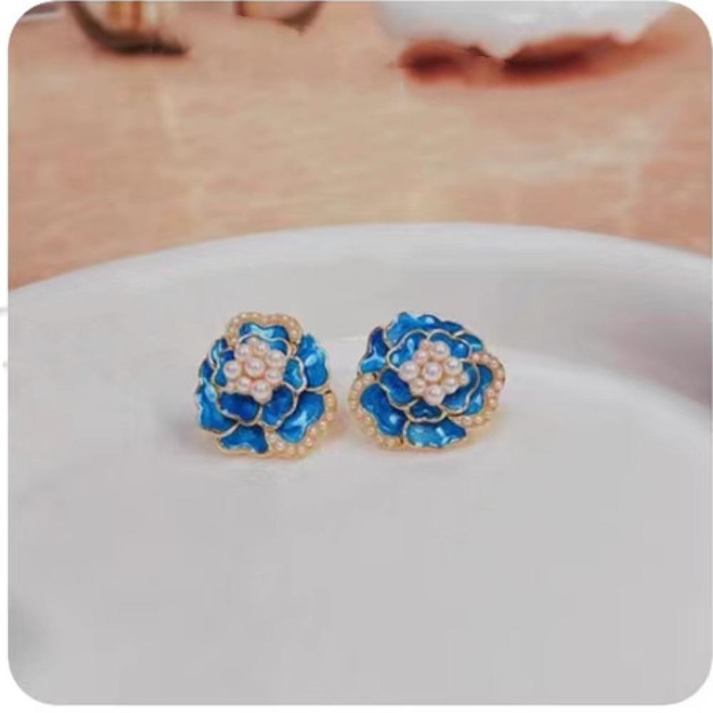JMXD Französische Perlen Kamelienblüten Ohrstecker Leichter Luxus Grüner Tee Thema Einzigartig Elegant für Damen Modischer Schmuck