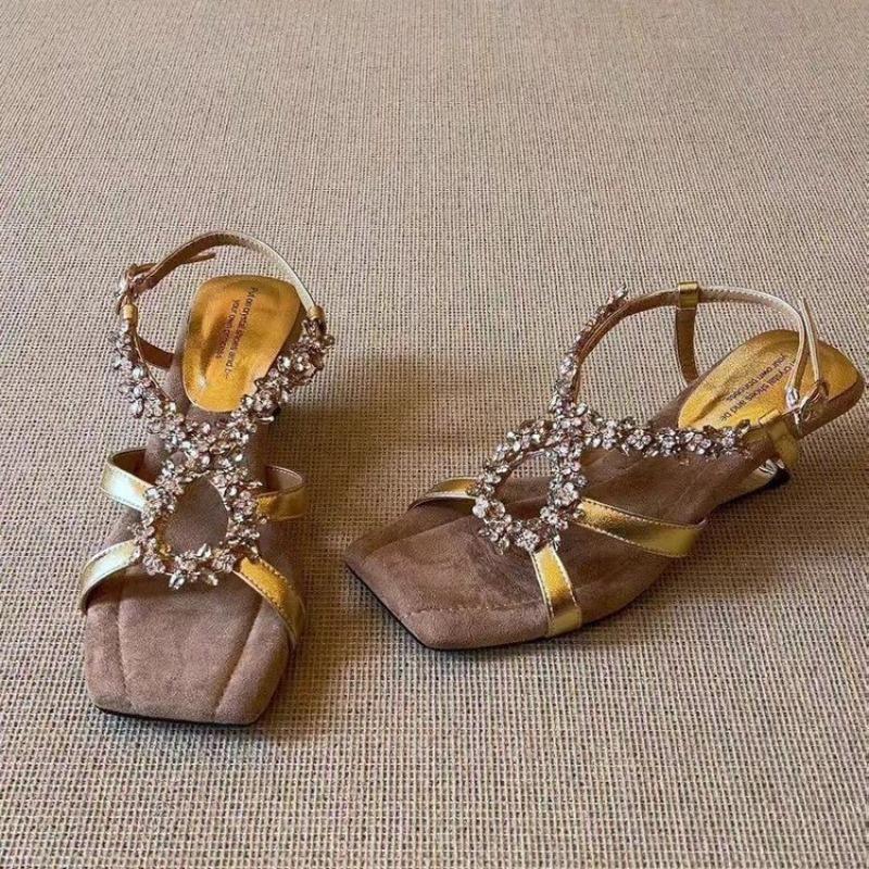 Cowhide~ Niche high-end golden rhinestone wedge sandals women s new summer special-shaped high heels 35