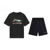 College Style Graffiti Versatile Round Neck Short Sleeve Solid Color Shorts Casual Sports Suit Unisex Suit Black AHSUB03-1+AKSV291-1