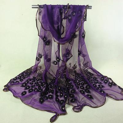 Women Peacock Flower Embroidered Lace Scarf Long Soft Wrap Shawl G