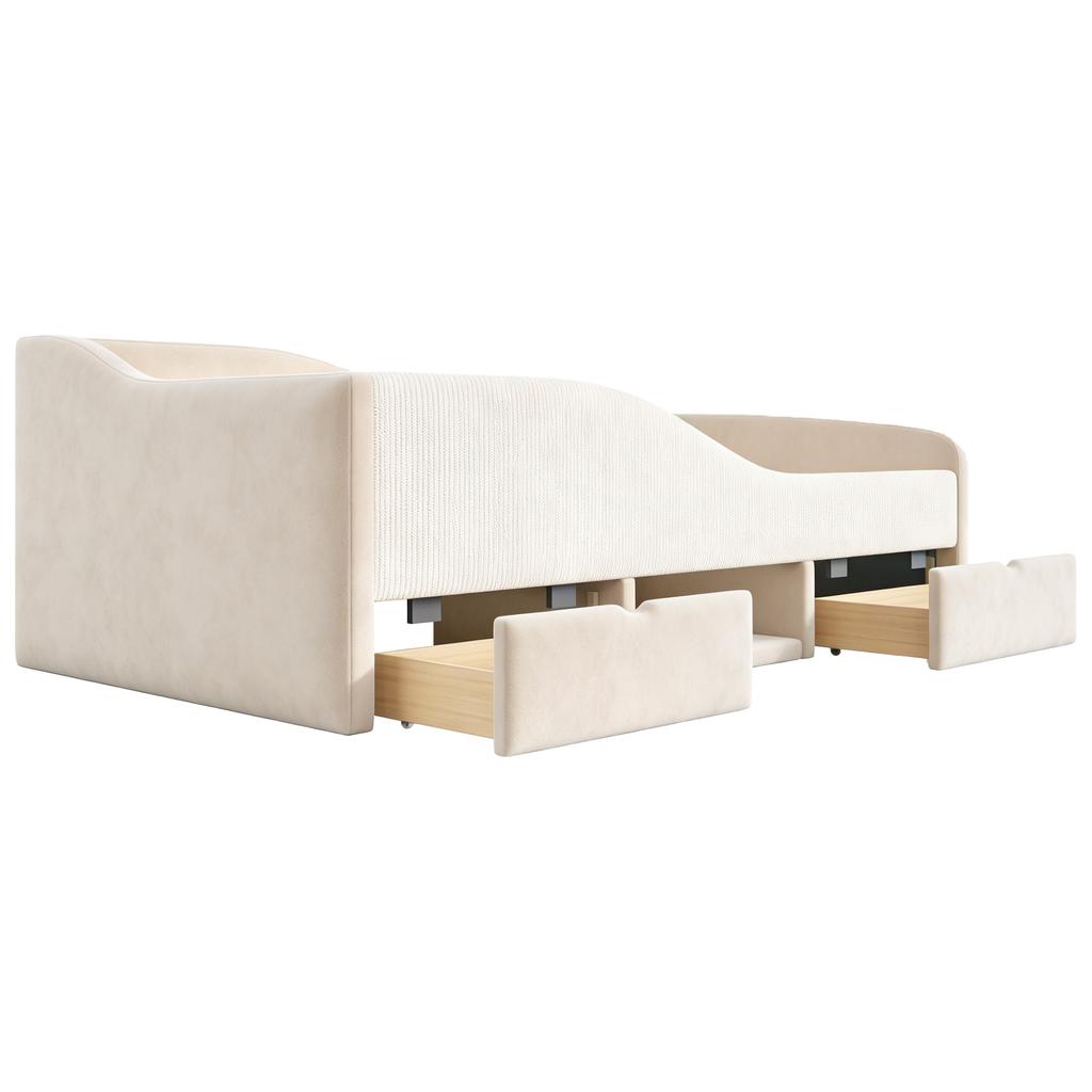 Upholstered Bed Children's Bed 90*190, Multifunctional Bed With Two Drawers and Fences, Skin-friendly Velvet Fabric, Without Mattress Beige