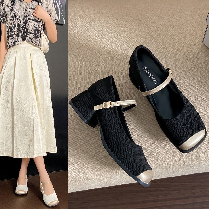 Zapatos Mary Jane Estilo Francés con Punta Abierta y Tacón Grueso para Mujer Ropa Casual de Primavera