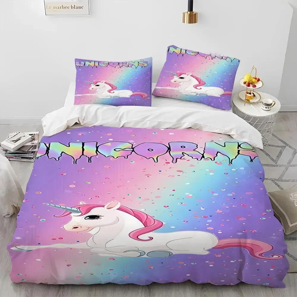 Luxury New 3D Print Unicorn Cute Cartoon Comforter Bedding Set,Duvet Cover Bed Set Quilt Cover Pillowcase,Queen Bedding Set