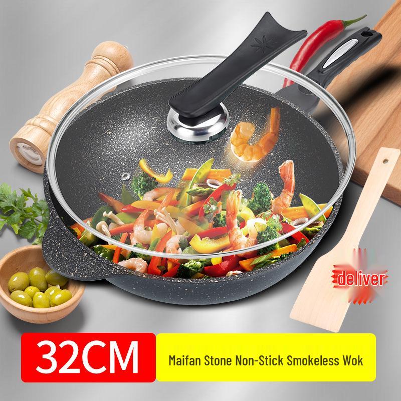 Premium Maifan Stone Non-Stick Wok, Low-Smoke, Flat-Bottom, Universal for Gas & Induction Cooktops, 32CM Stir-Fry Pan.