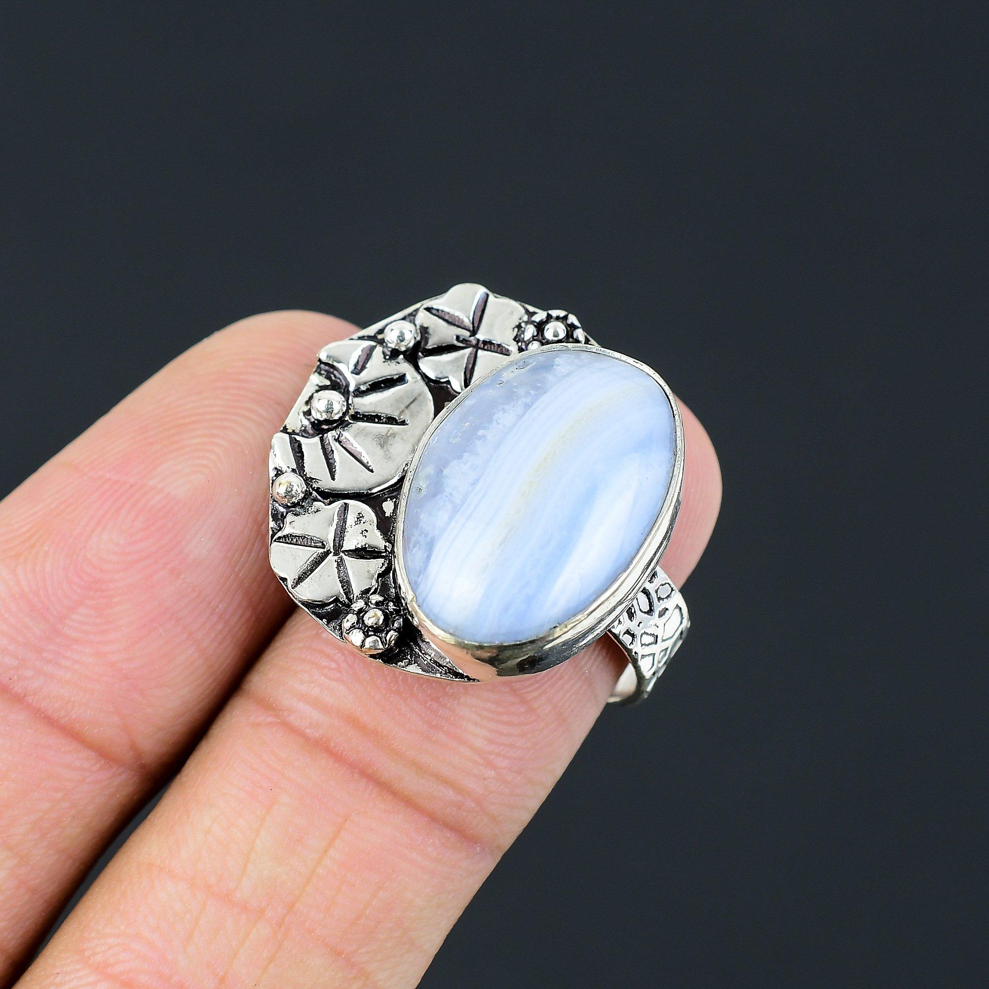 Birthday Gift For Her Natural Blue Lace Agate Promise Ring Size 7.5 925 Silver 7.5