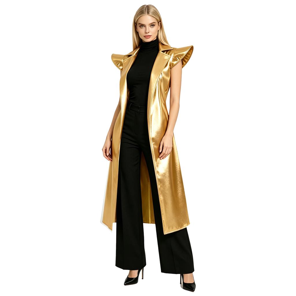 Damen Metallic Glänzend Ärmellos Trenchcoat Revers Offene Front Mit Gürtel Lange Jacke