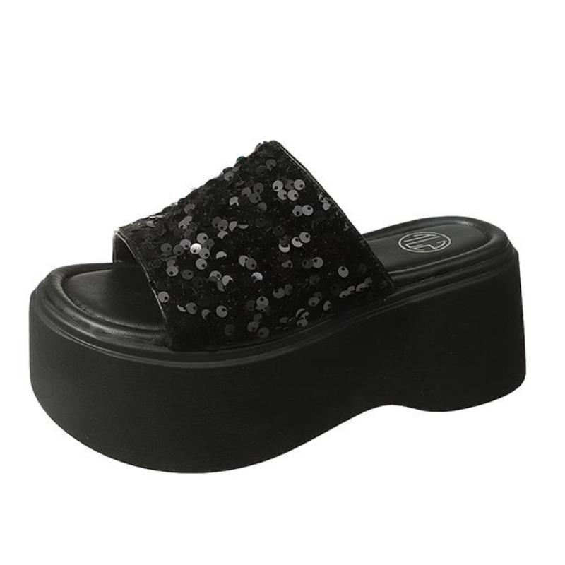 

Модные летние блестящие кожаные тапочки на толстой подошве 8 см, женские сандалии 2024 года, женские туфли на танкетке и высокой платформе, женские пляжные шлепанцы 34 чёрный