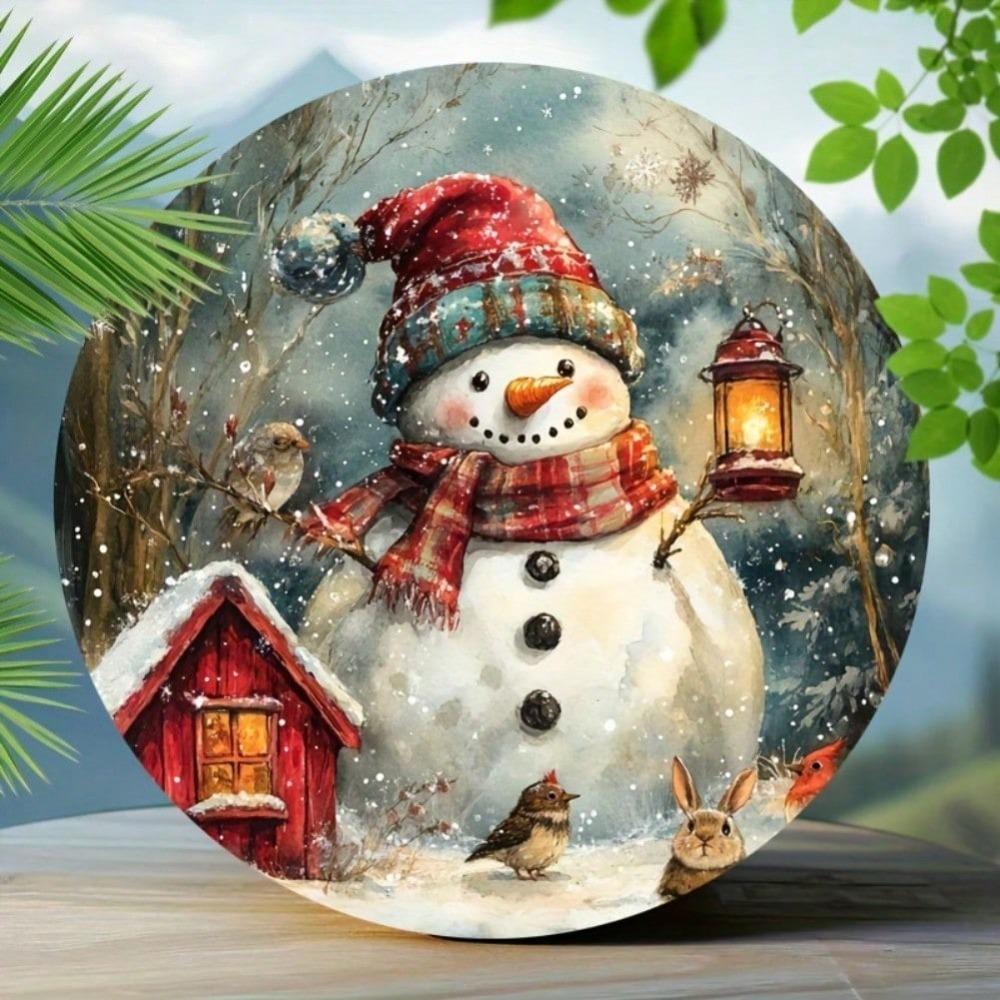 Round Snowman Metal Tin Sign 7.87x7.87 inch Reusable Wall Art for Christmas Bar Winter Home Yard Decor Mixed Color