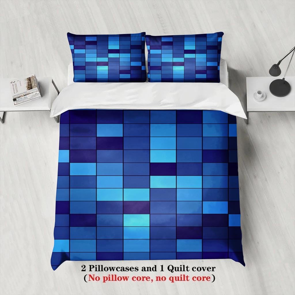 Set Biancheria da Letto Geometrico 3D Blu Copripiumino Colorato a Blocchi Federe Morbido Traspirante per Arredo Camera da Letto