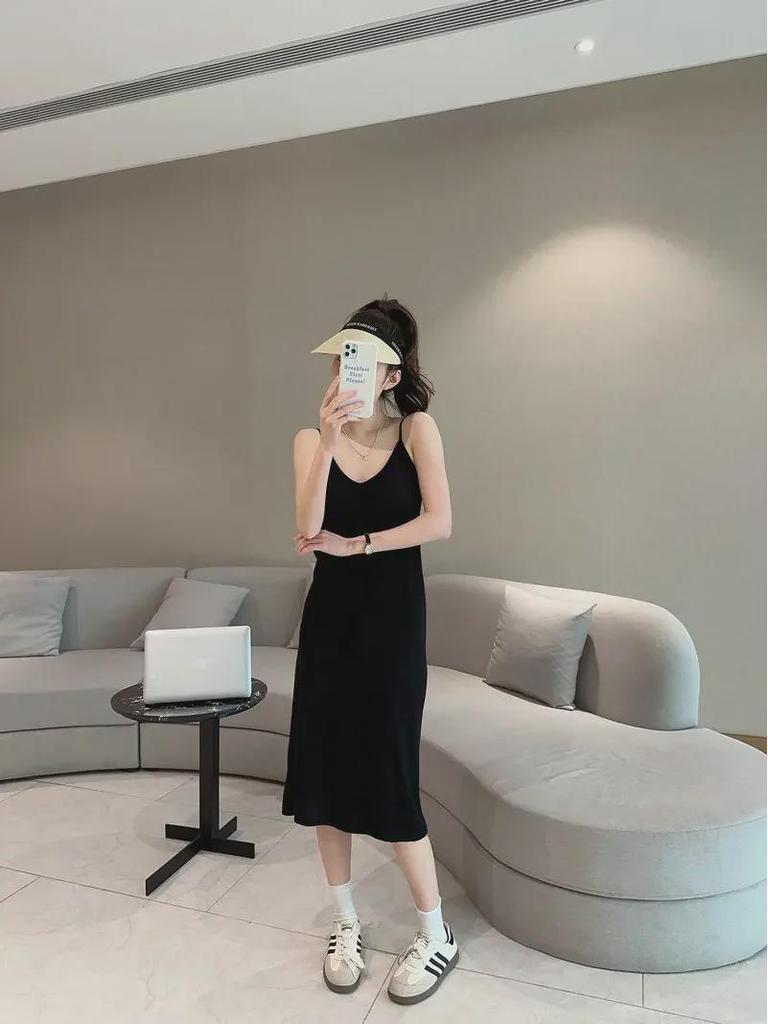 Women's Summer V-Neck Suspender Skirt with Chest Pad - Long Nightgown, Homewear, or Outdoor Wear