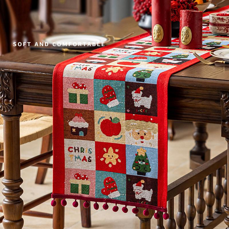 1PC Jacquard Dining Decor Ball Tassel Kitchen Polyester  Christmas Table Runner Party Table Decor Holiday 2 Sizes