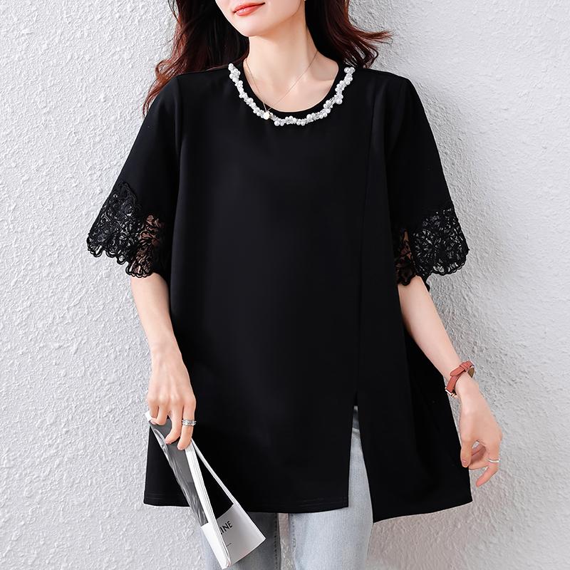 DIMANAF 2025 Sommer Übergröße Damen T-Shirts Spitze Gespleißt Elegant Kurzarm Oberteile Tees Lockeres Shirt