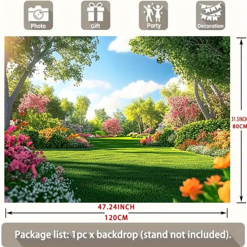 2D Spring Forest Photo Backdrop Green Lawn Floral Scenery Background for Events