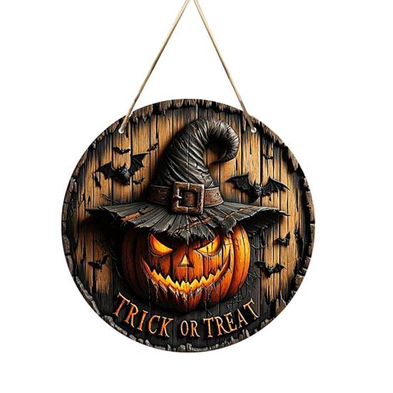 Thanksgiving Yard Display Halloween Wooden Sign,Round Hanging Pendant with Lanyard, Retro Distressed Holiday Home Ornament Wood Skeleton/Pumpkin/Clown