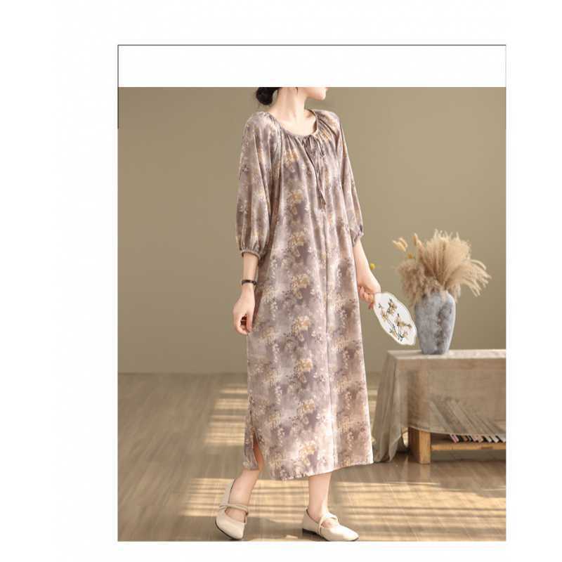 

Ретро платье для женщин с длинными рукавами, шифоновое принтованное, с перекрестным крашением, на шнуровке, художественное повседневное, свободного покроя, свободного покроя, платья one size