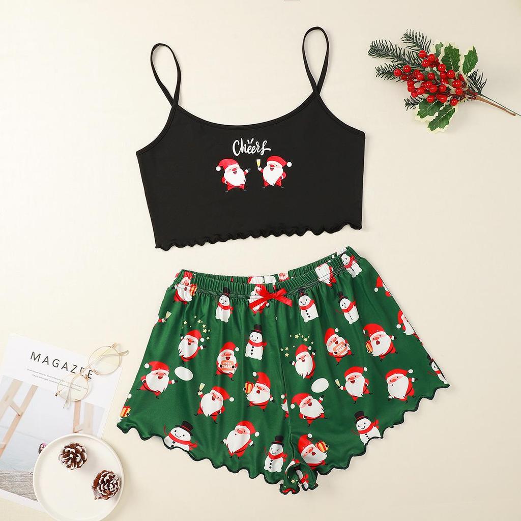 Christmas Style Sleeveless Milk Silk Pajama Set - Comfortable and Casual Two-Piece Homewear