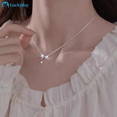 Simple Bow Necklace for Women Zircon Silver Chain Choker Jewelry Accessories