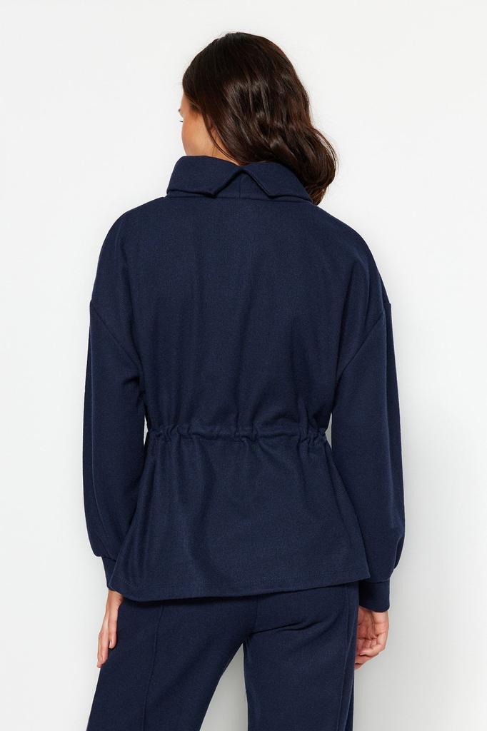 Women's Fashionable Stylish Sweatshirt Navy Blue Thessaloniki Knitwear Look High Collar Gathered Regular Fit Knitted Sweatshirt