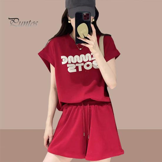 

2 шт./компл., женская футболка, шорты, костюм с круглым вырезом, буквенным принтом, короткими рукавами, топ с завязками, эластичная резинка на талии, свободные брюки, женский спортивный костюм, повседневная повседневная одежда L красный