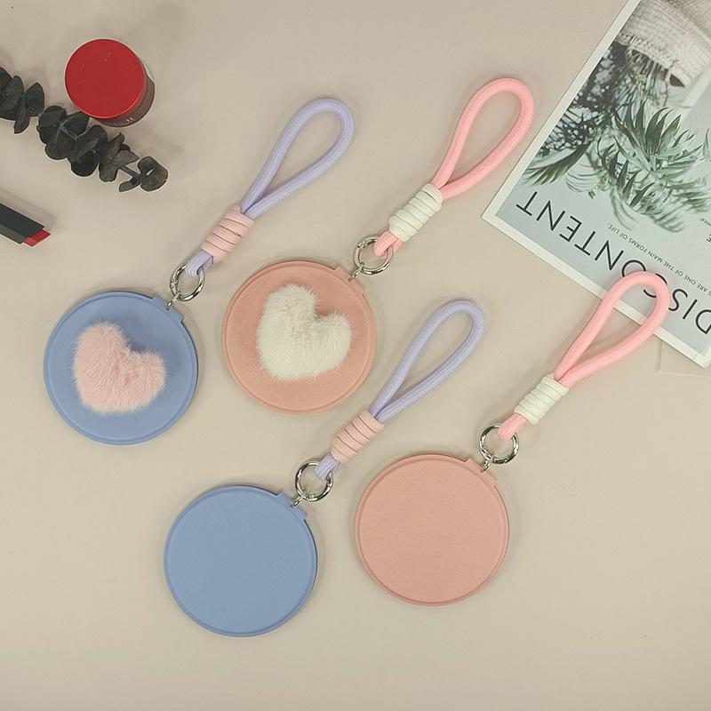 Heart Shape Pom Pom Mirror PU Leather 85mm Round Folding Double-Sided Portable Compact