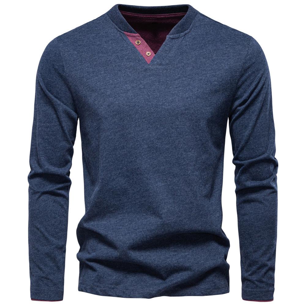 2025 Autumn New Men's Fashion Color Cotton Solid Color Long Sleeve T-shirt V-neck Casual Men's Top T-shirt