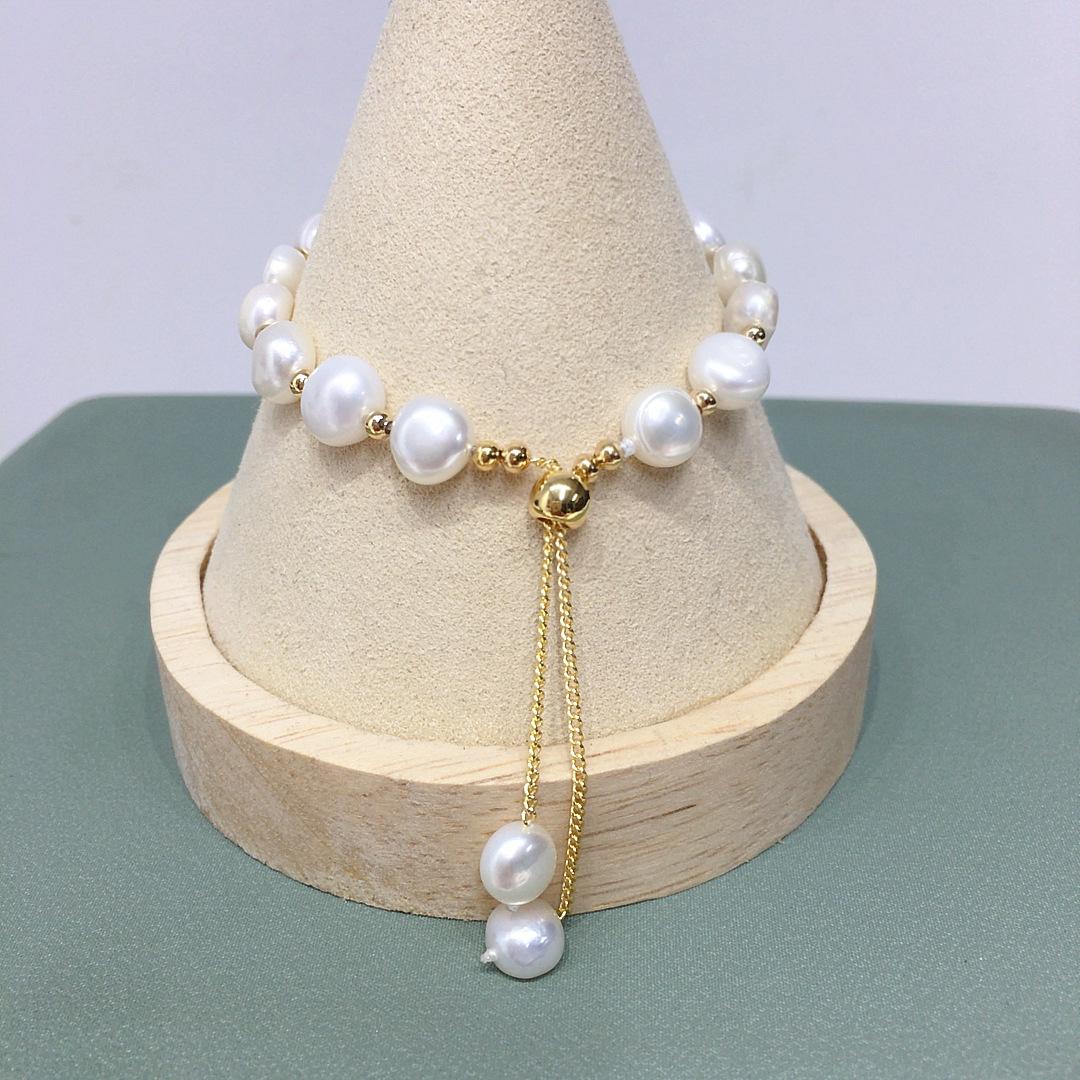 8-9mm Baroque Natural Freshwater Pearl Bracelet Adjustable Sliding Pull Chain with Tassel Pearl Elegant Women Hand Jewelry Bulk 17+6.5cm&8-9mm