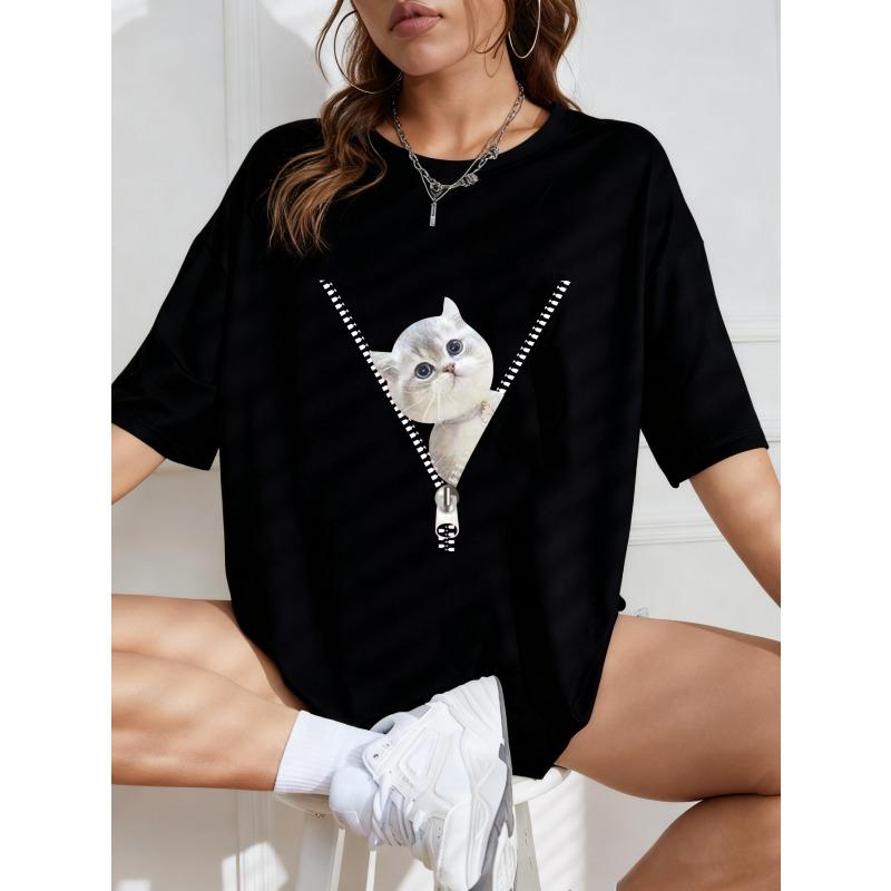 Cute Cat Zipper Design T-Shirt White Kitten Graphic Print Casual Wear For Women Summer Outfit Street Style Fashion Top